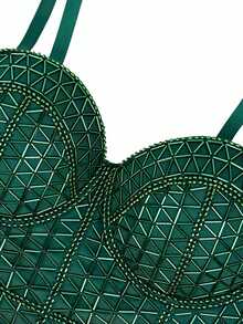 Fashion Beads Tank Top With Bra Boned Crop Top Outerwear - Dark Green - View 4