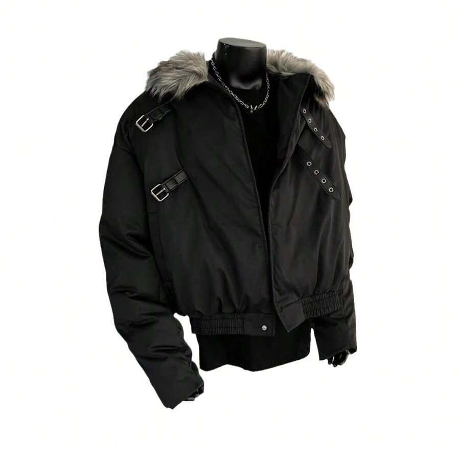 American Fur Collar Jacket Padded Men's Winter Short Thickened Seat Mountain Carving Jacket Deconstructed Design Couple Padded Jacket - màu đen - Xem 1
