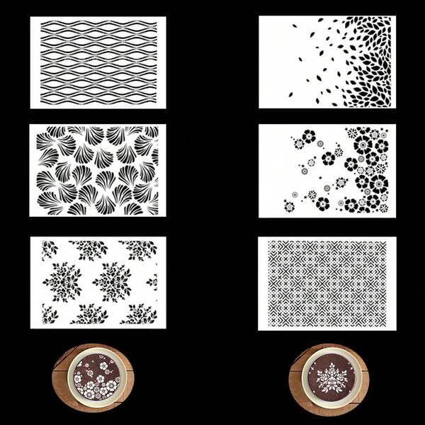 Cake Spray Flower Mold, Fan-Shaped Floral Pattern, Falling Leaves, Flowers, Dotted Curves, Geometric Diamonds, Rectangular Stripe Element Patterns Hollow Template, PET Material Cake, Cookie Decorative Mold, Wedding Birthday Party Cake, Desserts, Cookies, Fondant Cake Hollow Decor Template