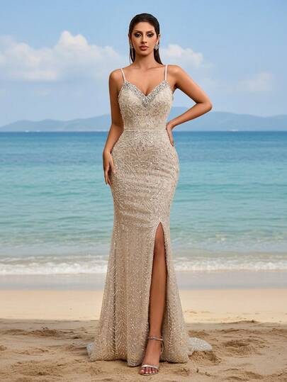 New Luxury High-End Heavily Embellished Sequins, Sequin, Beaded & Lace Formal Dress With Slit Hem, Handcrafted Beaded Neckline, Elegant Formal Gown For Wedding, Party, Evening