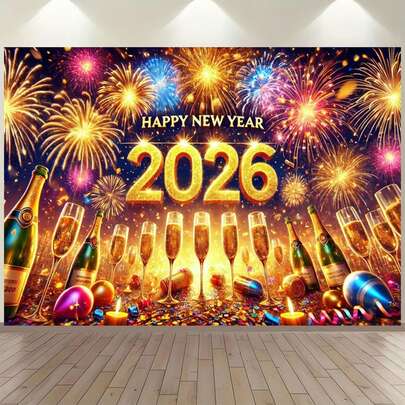 1PC2026 Happy New Year Party Banner With Golden Fireworks, Champagne Bottles And Birthday Cake Design-Bold "Happy New Year" Text-Outdoor Decoration For New Year's Eve, Birthdays, Weddings, Anniversaries-Multiple Size, Multi-Function Party Background Cloth, Suitable For Unisex Decoration, Indoor And Outdoor Decoration, Photography Studio, Garden Decoration, Party Decoration And Phone Booths.