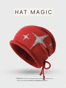 1pc Women's Star Cuffed Drawstring Adjustable Knit Beanie Hat, Autumn/Winter Fashion Warm Ear Protection Comfortable Turban Cap, Suitable For Daily Wear, Gift - A - View 13