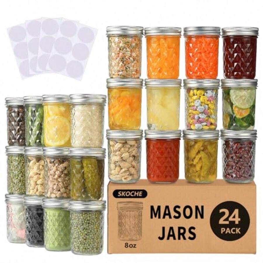SKOCHE Mason Jars 8 Oz 24 Pack Half Pint Canning Jars With Regular Airtight Lids And Bands Small 8oz Glass Jars With Lids Ideal For Fermenting Pickling DIY Decors Fruit Preserves Jam Jelly - Bé nhỏ - Xem 1
