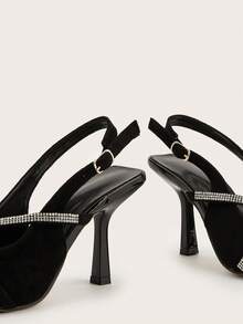 Tacones de aguja con puntera puntiaguda, decorados con strass, de ante sintético negro. Versátiles para uso diario, banquetes y fiestas. Tacones altos. - Negro - Ver 6