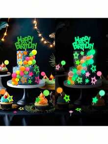 40件发光蛋糕装饰套装，荧光色蛋糕装饰球，彩色星星和生日快乐蛋糕装饰，荧光派对装饰派对用品，适用于生日蛋糕装饰 - 彩色 - 查看 4