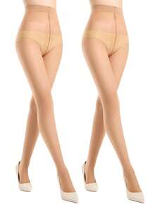 1/2/3双装 女士加大码T字裆防勾丝超薄透气连裤袜，性感时尚紧身裤，透明丝袜，塑身打底裤，适合各种场合 - 杏色 - 查看 2