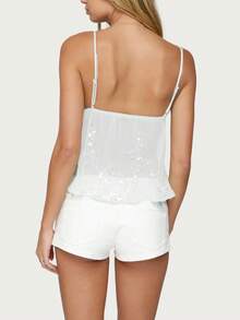 Women's Sequin Crop Top – Sparkly Sleeveless Tank Top, Shiny Clubwear Camisole For Party, Night Out  Festival - 白色 - 查看 3