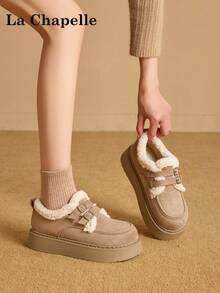 1 Pair La Chapelle Women's Casual Soft Bottom Flat Shoes, Round Toe Low Heel Outdoor Commuting Shoes, Elegant Soft Sole Hiking Suitable For Students Graduation Photos, Low-Top Leather Warm Shoes