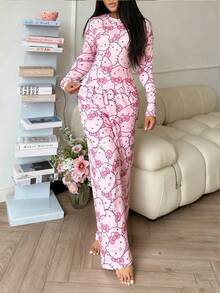 SANRIO 2pcs  Women Pajama Set, Long Sleeve Top And Pants, Cute Colorful And Fashionable, Suitable For Spring And Autumn, Fall Winter Clothes - Pink - View 5