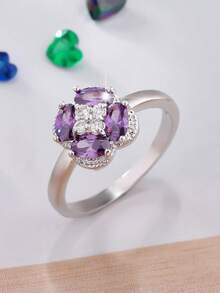 1pc Fashionable Elegant Minimalist Versatile Women's Ring, Romantic Floral Design Synthetic Cubic Zirconia Jewelry, Casual Everyday Wear, Suitable For Proposal, Engagement Party, Birthday, Anniversary Gift - Purple - View 7