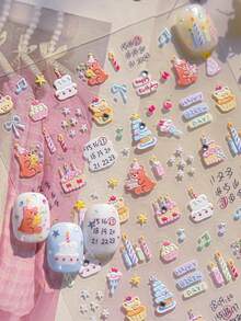 1 Schleife süße Happy Birthday Kuchen Nagelkunst Sticker, beinhaltet Teddybär, Kerze, Zahlen, Desserts, Sterne, Fliege und Strass, 5D stereoskopische Nail Decals, selbstklebend, geeignet für Frauen Feiertags-DIY Maniküre - Verschiedenfarbig - Übersicht 3