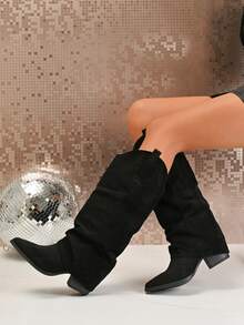 复古方跟过膝长靴，适合娇小女性，休闲百搭，不易疲劳，V型开口，时尚西部风格，可搭配裙装，2025冬季新款 - 黑色 - 查看 6