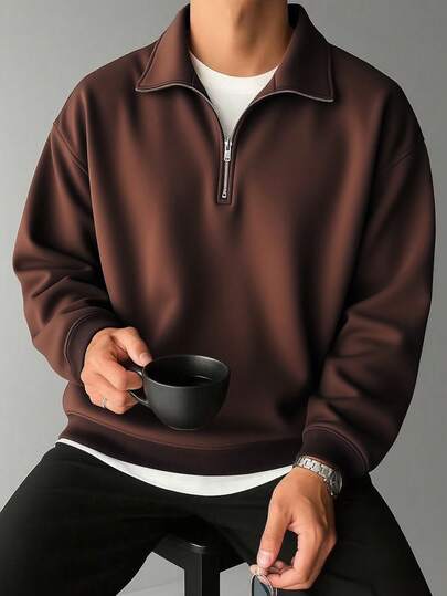 新款男士纯色简约百搭半拉链卫衣，时尚秋冬休闲宽松版型卫衣