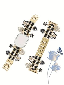 [Jewelry Bracelet Watch Band] Charming Pendant Synthetic Leather & Stainless Steel Watch Band Compatible With Apple Watch 38/40/41/42/44/45/46/49mm (Ultra 3/2/1 Series 1-10 & SE), Galaxy Watch7/6/5/4 (40/44mm), Watch 4 Classic (42/46mm), Watch 3 (41mm), Active 2, Gear S2 Classic - Folding Buckle - Gift Idea, Decorative Accessory, Suitable For Birthday, Party, Daily Wear - Multicolor - View 3
