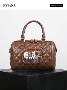 Geantă de pernă Boston cu model de elefant brodat, vintage nouă, la modă, 2025, geantă de mână pentru femei cu model de bowling, versatilă și rafinată, geantă de umăr crossbody de mare capacitate pentru navetiști