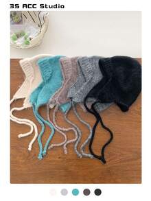 1 件法式结领针织帽，秋冬季女士柔软温暖针织帽，装饰性貂绒领带护耳针织帽，可爱渔夫帽 - 彩色 - 查看 2