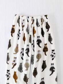 2 piezas Conjunto de pijama de franela para mujer, parte superior con cierre de botones de solapa de manga larga, pantalón largo, ropa de casa gruesa y cálida para otoño/invierno, estampado de gatitos en todo el diseño, ropa cómoda