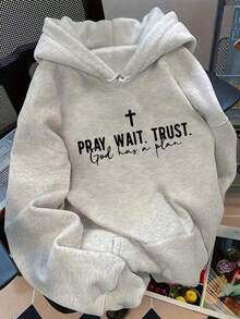2025 HoodiesLetter Retro Retro English Back To School Season PRAY WAIT TRUST GOD HAS A PLAN Back To School Women Fits Women's Casual Hoodies-Autumn/Winter New Arrival: Long-Sleeve Hooded Sweatshirt For Men And Women-F91Loose And Comfortablewinter Clothes For Women - 灰色 - 查看 7