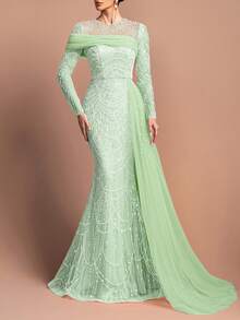 Đầm dạ hội dài tay cổ tròn đính cườm sang trọng dành cho nữ - Cổ áo đính ngọc trai, vạt voan bất đối xứng và chân váy đuôi cá ôm sát | Hoàn hảo cho các bữa tiệc trang trọng, dạ hội và đám cưới | Kết hợp với trang sức lấp lánh và giày cao gót quai mảnh. - Màu xanh Bạc hà - Xem 6