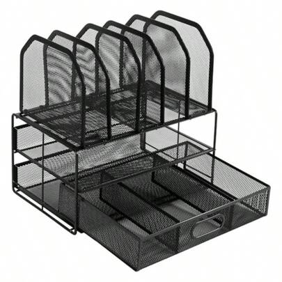 Mesh Desk Organizer With Sliding Drawer Double Tray And 5 Upright Sections Black