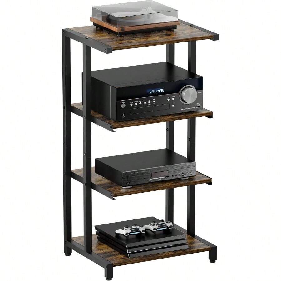 4-Tier Wooden Media Stand, AV Media Stand Corner Shelf For TV Accessories/Audiovisual Equipment/Optical Disc/, Audio Storage Rack For Living Room, Gaming Room, Music Studio, Black - 黑色 - 查看 1