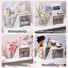 Rotating Desk Organizer With 2 Drawer 6 Slots Multi - Functional Pencil Pen Holder Desktop Organizer Stationery Accessories Storage Box Caddy Office School Home Art Supplies White - trắng - Xem 8