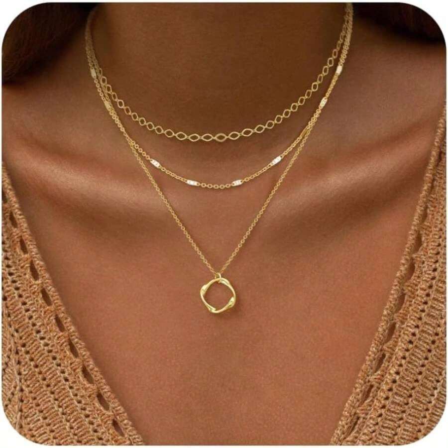 Gold Layered Women, 14K Gold Plated Dainty Necklace Set With Paperclip, Adjustable Gold Jewelry Stackable - Layered Necklace /2 - View 1