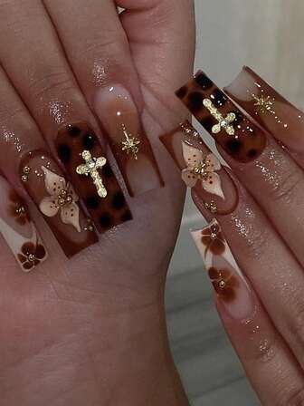 24片长款水管美甲贴片，白色法式矩形甲尖，3D立体环氧树脂花朵豹纹十字架金色钢珠装饰设计，全覆盖式按压假指甲，适合女性日常、节日和派对美甲装饰