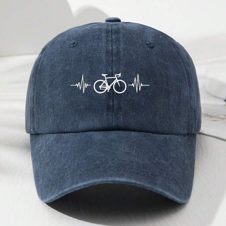 Men's Classic Washed Baseball Cap With Bicycle Print - Soft And Breathable Polyester, Suitable For Outdoor Sports And Casual Wear - 藏青色 - 查看 1