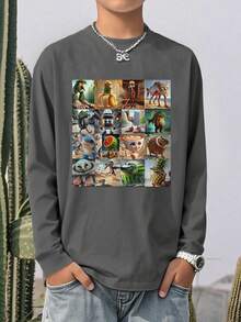 1件青少年男童休闲酷炫印花圆领长袖T恤，宽松版型，学生青少年服装，秋季款，正面印花