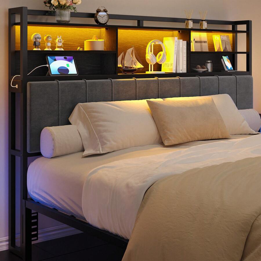 HEXCELEN Headboard With 3-Tier Storage Shelves, Velvet Upholstered Head Board With 2 Outlets, USB Ports & LED Light, Soft Backrest For King/Queen Size Bed - 黑色 - 查看 1