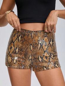 Y2K 豹纹亮片复古超短闪亮短裤，适合锐舞派对和音乐节，时尚女裤，圣诞节女装夏季 Y2K 服饰 - 金色 - 查看 3