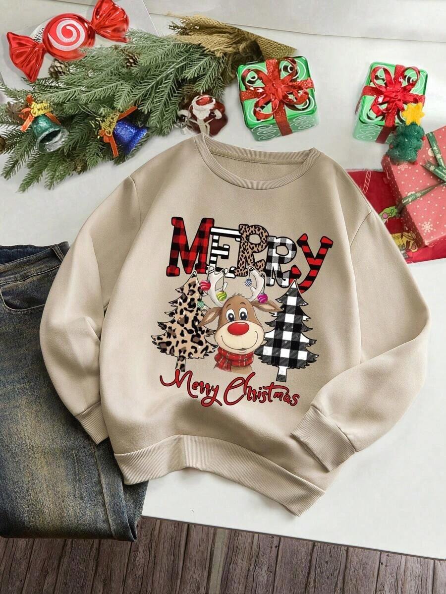 Christmas Outfit Womenhair Accessories For WomenChristmas Cartoon Print Fleece Sweatshirt,Long Sleeve Tops Pullover Fall FitLoose And Comfortablechristmaswoman Winter Clothes - 杏色 - 查看 1