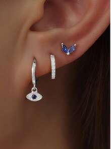 3pcs Set Exquisite New Gold Evil Eye Single Earring, 18K Gold Plated Stainless Steel Material, Small Punk Style Earring, Piercing Jewelry - 3pcs for One Ear - View 5