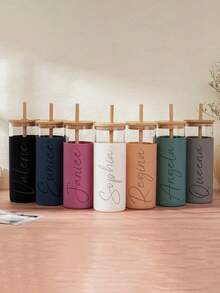 1pc Customized Glass Straw Cup, Personalized Bridesmaid Water Bottle, Customized Glass & Silicone Cup, Bachelorette Party Gift, Bridesmaid Invitation - Multicolor - View 3