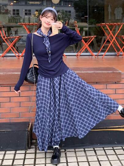不对称复古格纹高腰A字长裙修身高端韩版秋冬
