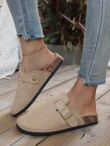 Khaki  Suede Clog Mules For Women, Adjustable Buckle Slip-On Flat Shoes For Casual Daily Wear & Outdoor Walking,Summer Sandals For Women - Màu Khaki - Xem 1