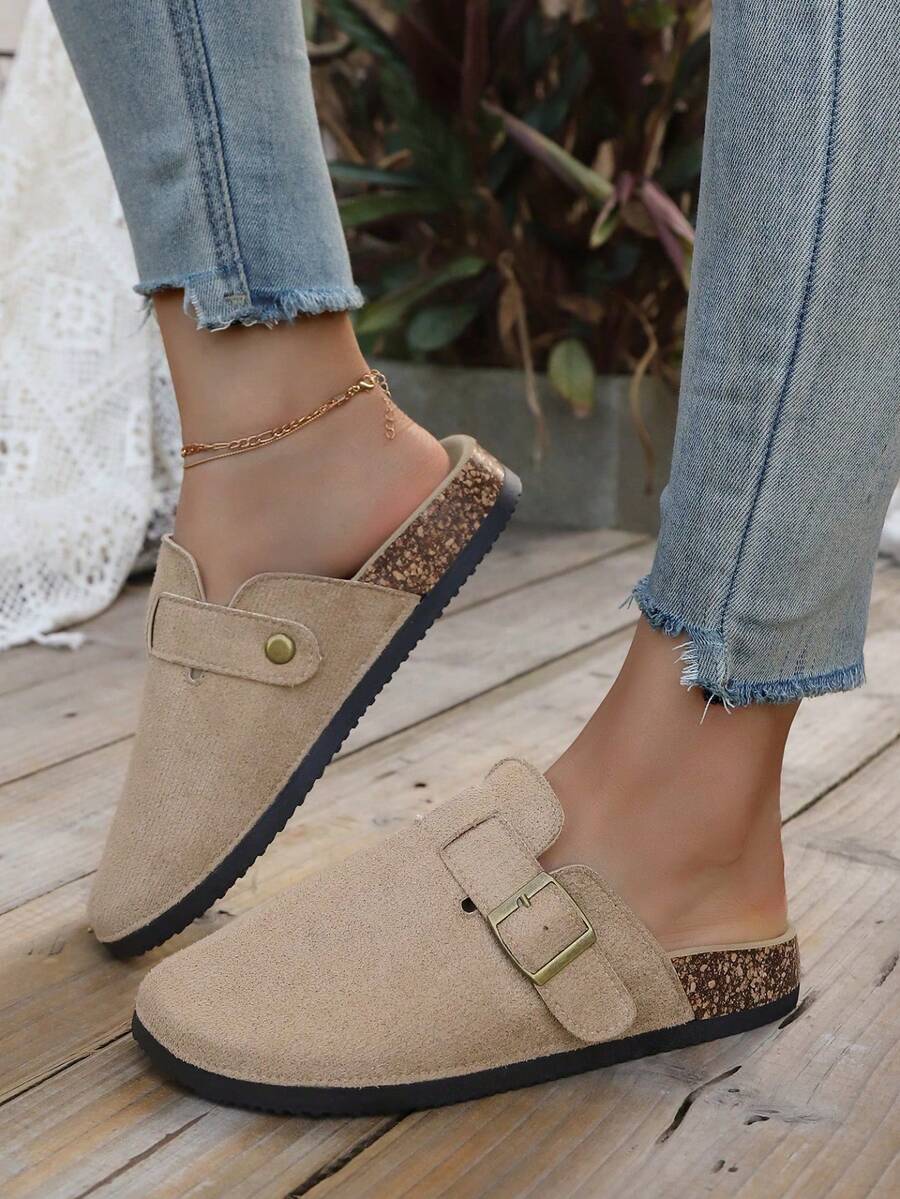 Khaki  Suede Clog Mules For Women, Adjustable Buckle Slip-On Flat Shoes For Casual Daily Wear & Outdoor Walking,Summer Sandals For Women - Màu Khaki - Xem 1