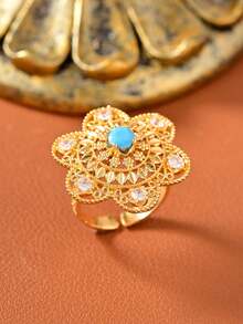 1pc Luxurious And Elegant Flower Openwork Design Ring For Women, Vintage And Noble Ring With Cubic Zirconia.Featuring An 18k Gold-Plated Adjustable Band. Perfect For Wedding, Parties, Banquets, Holiday Celebrations, Gift Giving And Other Special Occasions. - Luxurious - View 7