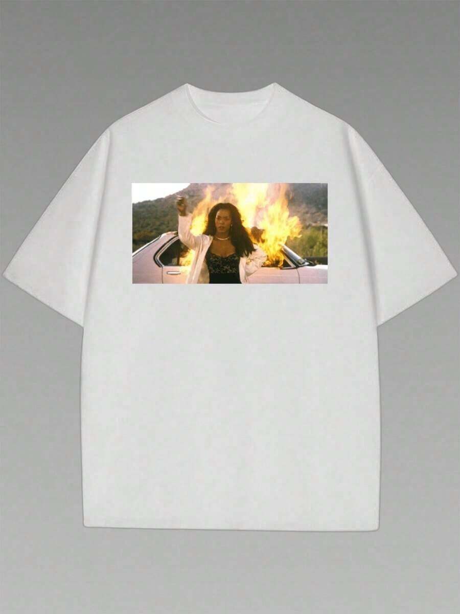 Angela Bassett Waiting To Exhale Outdoor Casual T-Shirt, Letter Print Casual Cotton T-Shirt, 1 Piece, 220g, Summer Heavy Cotton T-Shirt - 白色 - 查看 1