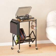 Estantería para CD de estilo retro, mesa auxiliar creativa de acero al carbono para salón, soporte para discos de vinilo, estantería sencilla - Negro + madera - Ver 2
