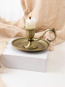 Vintage Neo-Classical Antique Bronze Candlestick | Curved Handle * Radiant Tray Designed To "Catch Wax Drips", Aged Bronze Texture With Patina, Radiant Lines On The Body Like Solidified Sunlight, Elegant Curved Handle - Multicolor - View 4