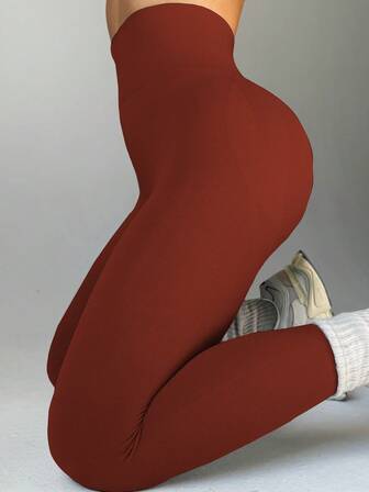 1 pieza Pantalón de yoga de cintura alta de unicolor y grueso con bolsillos para mujeres, control de abdomen y estiramiento en 4 direcciones, ideal para entrenamiento y correr, Acción de Gracias, Navidad