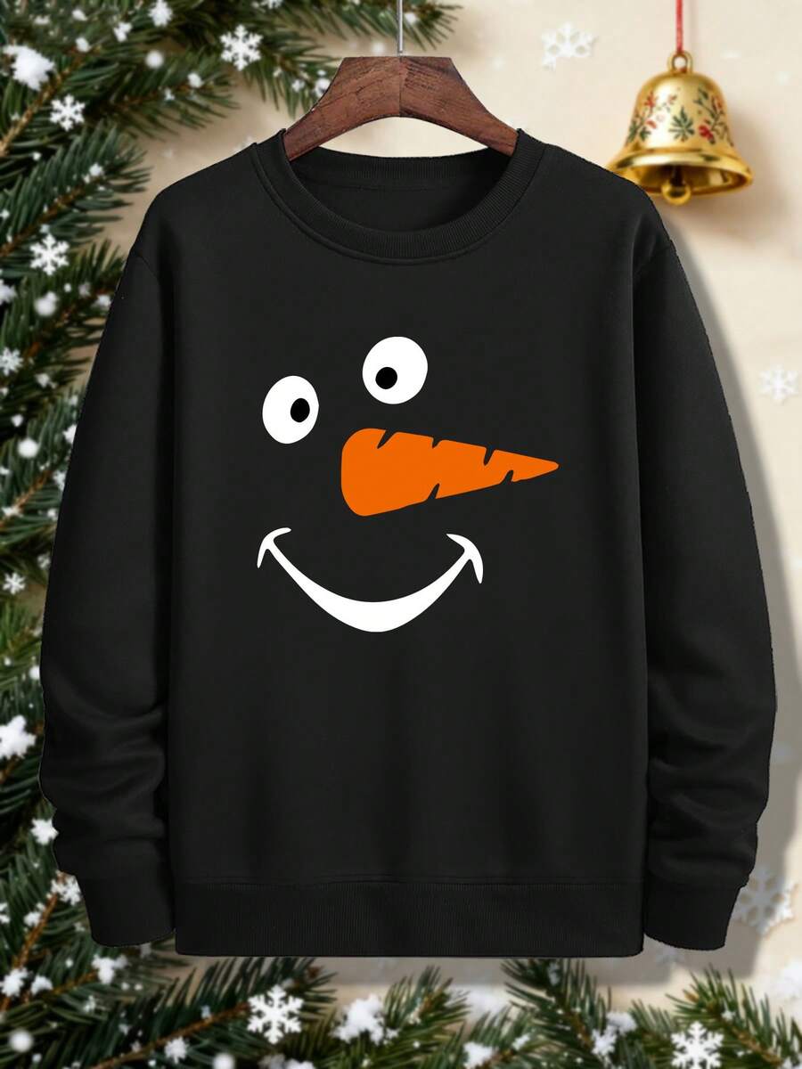 Suéter para hombre con estampado divertido de cara de zanahoria y muñeco de nieve - Aislamiento cálido invernal azul marino, cuello redondo, manga larga, jersey casual con nariz de zanahoria y ojos sonrientes, ropa lavable a máquina para fiestas navideñas, Año Nuevo, atuendo casual - Gráfico divertido de muñeco de nieve Sw - Oscuro - Ver 1