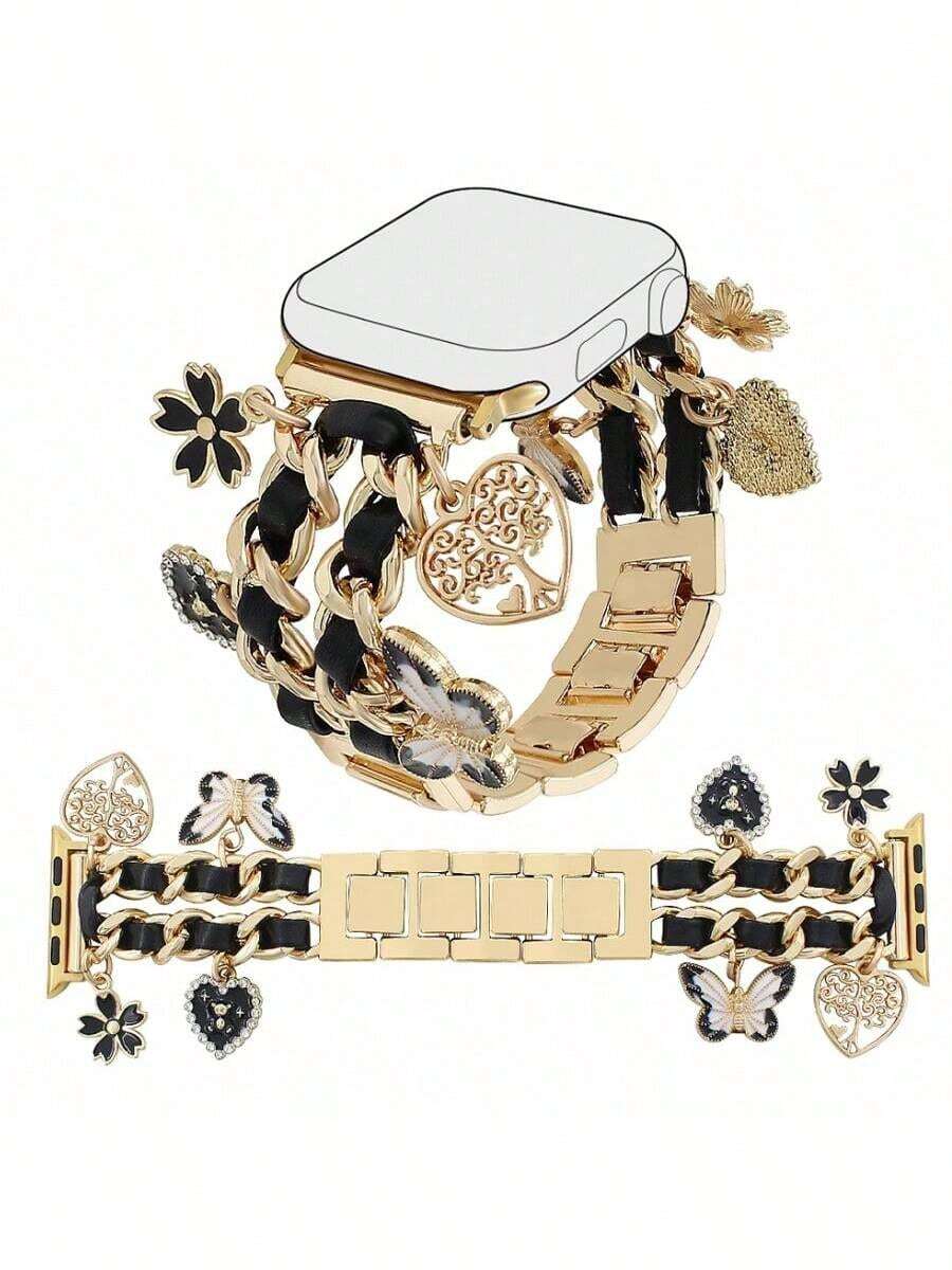 [Jewelry Bracelet Watch Band] Charming Pendant Synthetic Leather & Stainless Steel Watch Band Compatible With Apple Watch 38/40/41/42/44/45/46/49mm (Ultra 3/2/1 Series 1-10 & SE), Galaxy Watch7/6/5/4 (40/44mm), Watch 4 Classic (42/46mm), Watch 3 (41mm), Active 2, Gear S2 Classic - Folding Buckle - Gift Idea, Decorative Accessory, Suitable For Birthday, Party, Daily Wear - Multicolor - View 1