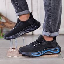 Zapatos con punta de acero, de unicolor, estilo cargo con cordones, versión brillante, zapatos de , para exteriores, para todas las estaciones, zapatos para sitios de construcción, anti-perforación, anti-aplastamiento, unisex - Negro - Ver 5
