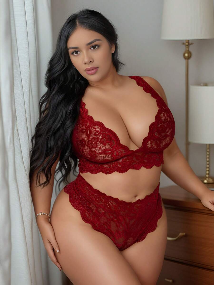 Plus Size Lace Trim Lingerie Set, Deep V Lace Bra And Panty Set, Sexy Clubwear - Màu Đỏ Sâu - Xem 1