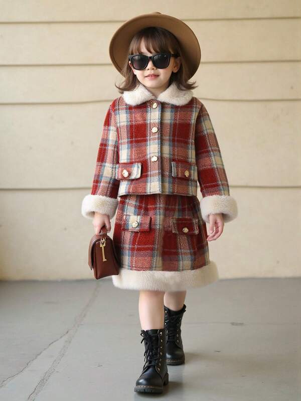 Mädchen Mode Lässig 2-Teiler Set, gewebte karierte Jacke mit Fellkragen kombiniert mit passendem kariertem Rock, Herbst/Winter