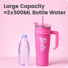 Miniso 1600ml Barbie Collection Large Capacity Stainless Steel Water Bottle With Straw Locking Leak-Proof Lid Travel Coffee Mug Tumbler With Handle Present For Woman - Pink - View 8