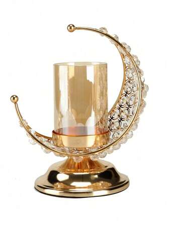 Happy Ramadan, Light Luxury Metal Crystal Moon Candlestick Decorative Lamp With Crystal Inlaid Metal Base, Stable And Durable, Soft Light Creating Romantic Atmosphere, Suitable For Daily Home Decoration, Family And Friends Gathering Decoration, Wedding Theme Decoration, Home Soft Decoration Enhancing Exquisite Space Sense